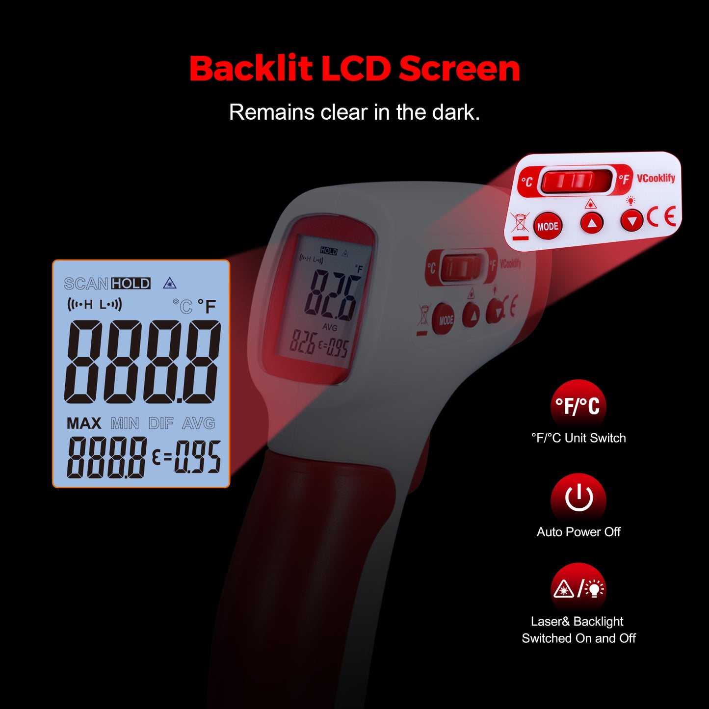Vcooklify IR-861 Infrared Thermometer Non-Contact Digital Laser Temperature Gun