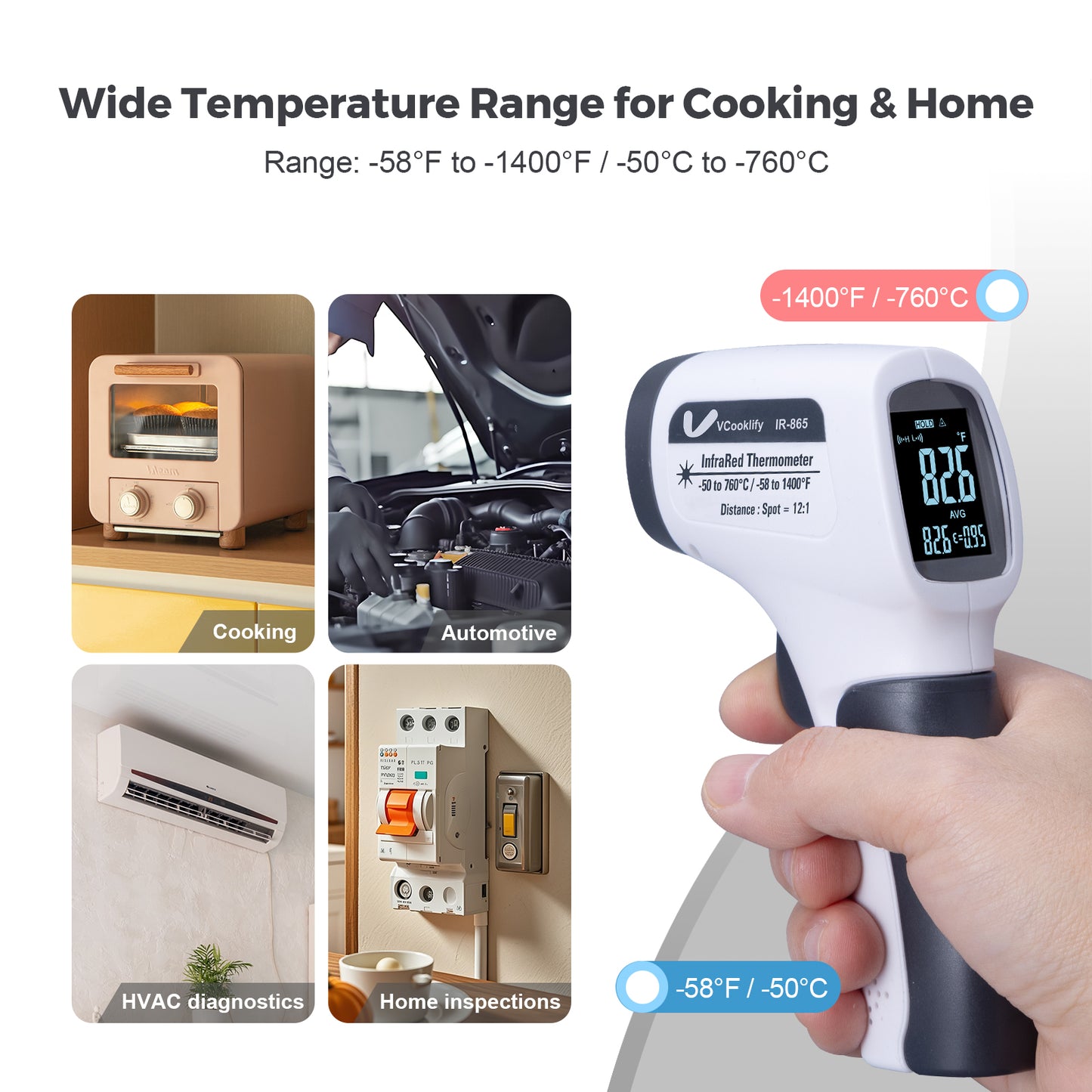 Vcooklify IR-865 Infrared Thermometer High-Precision Non-Contact Digital Temp Gun